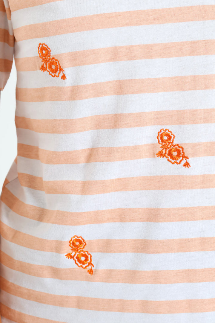 Boxy Embroidered Flowers Stripe Tee - Peach