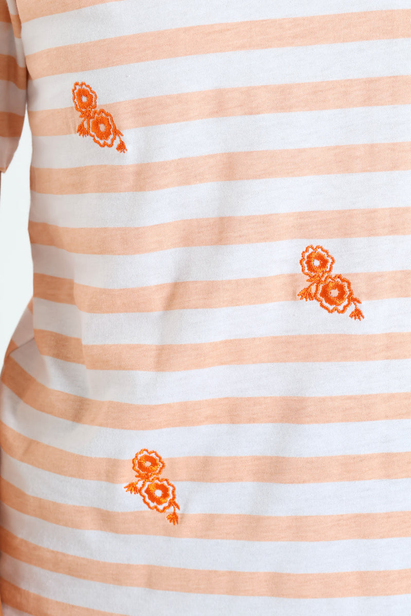 Boxy Embroidered Flowers Stripe Tee - Peach