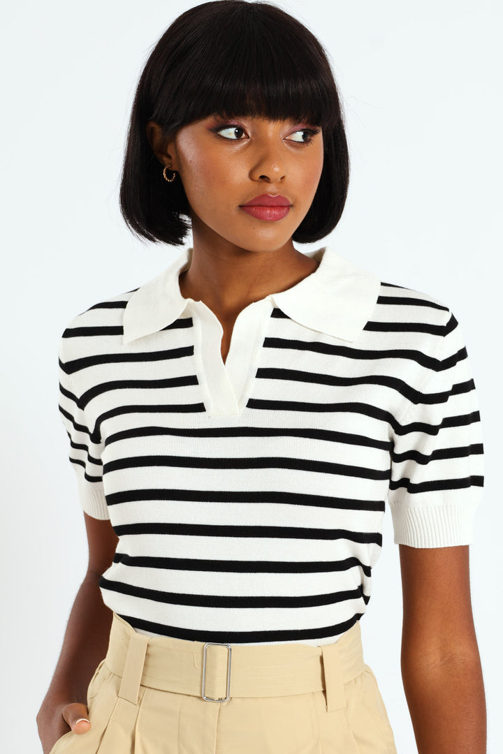 Stripe Golfer Knit Top - Black/White
