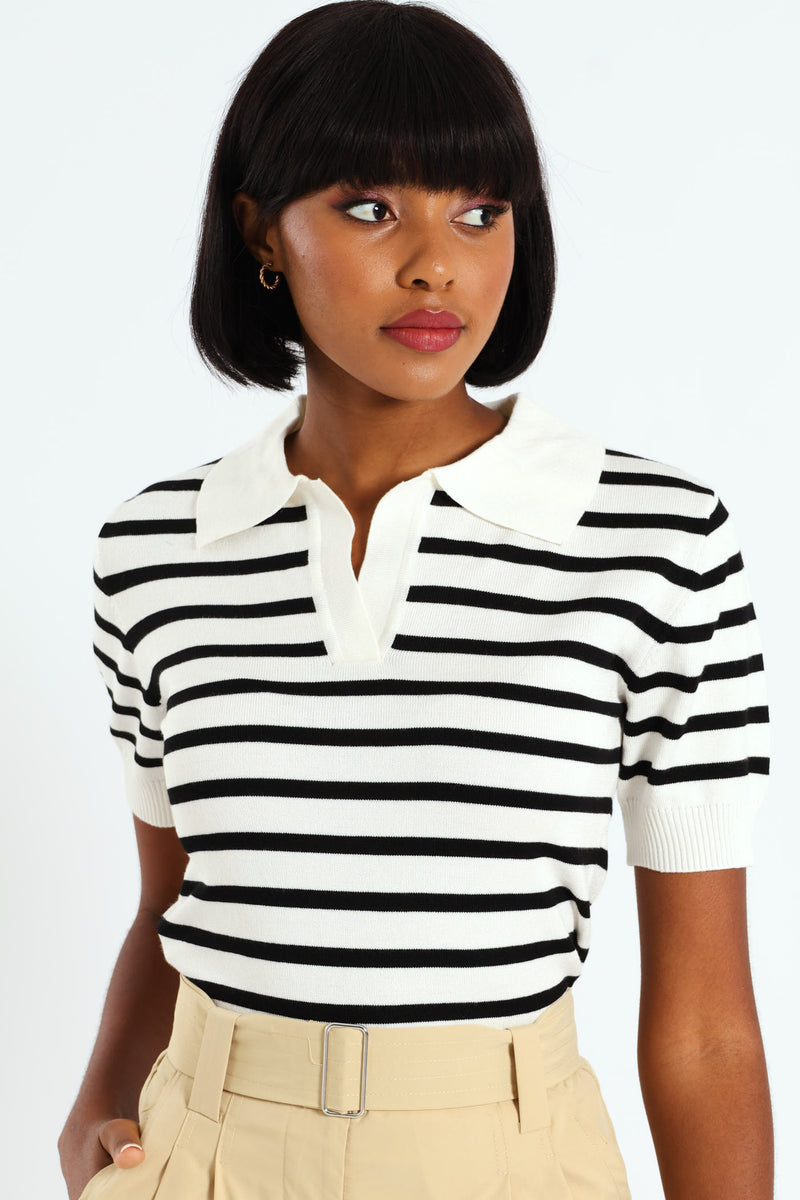 Stripe Golfer Knit Top - Black/White