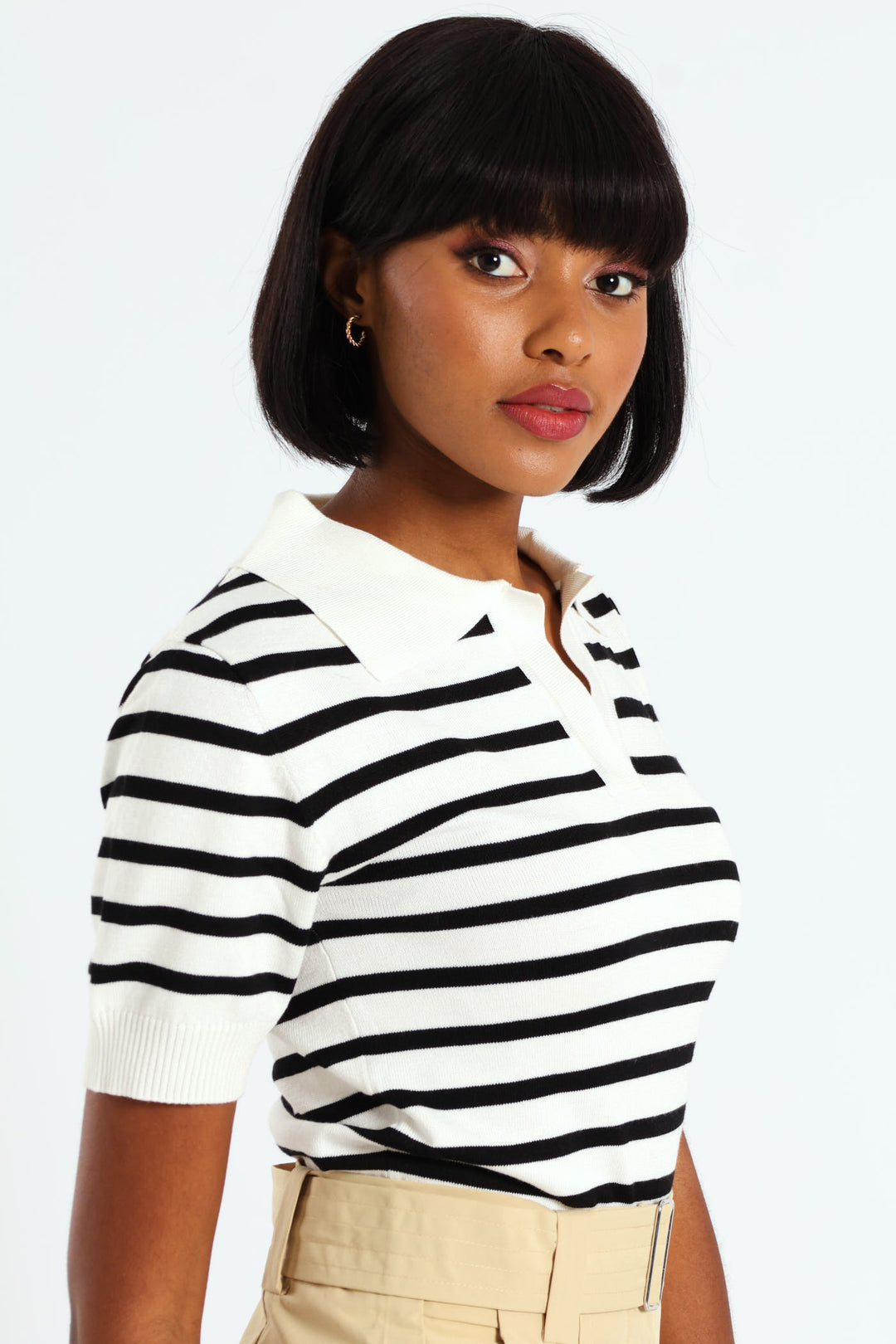 Stripe Golfer Knit Top - Black/White
