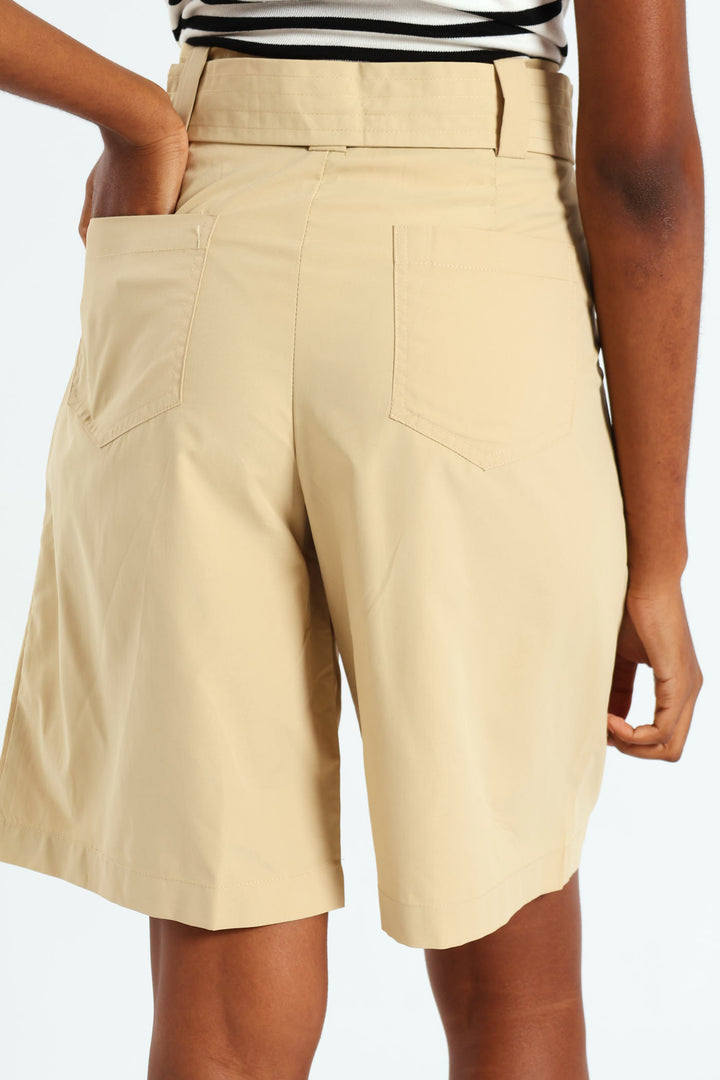 Belted Pleated Structured Bermuda Shorts - Khaki