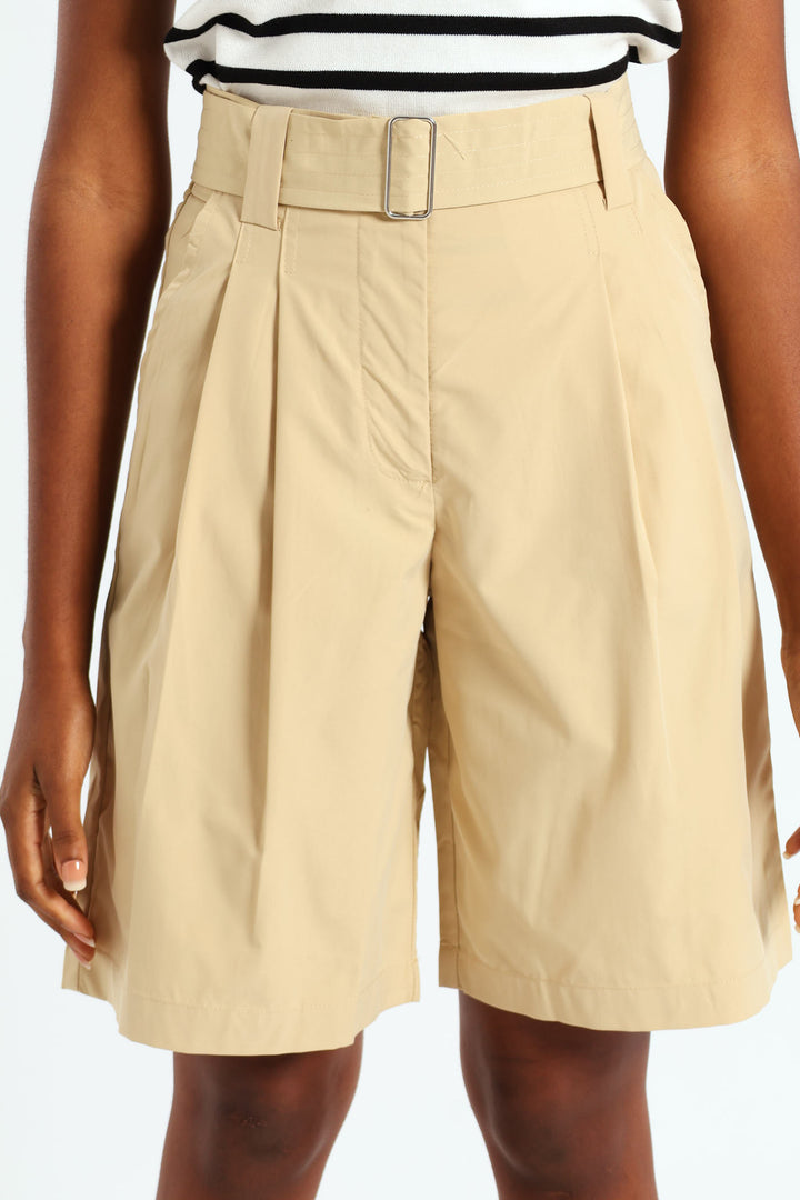 Belted Pleated Structured Bermuda Shorts - Khaki