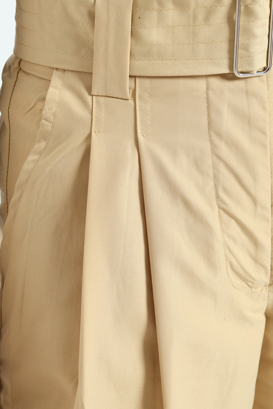 Belted Pleated Structured Bermuda Shorts - Khaki