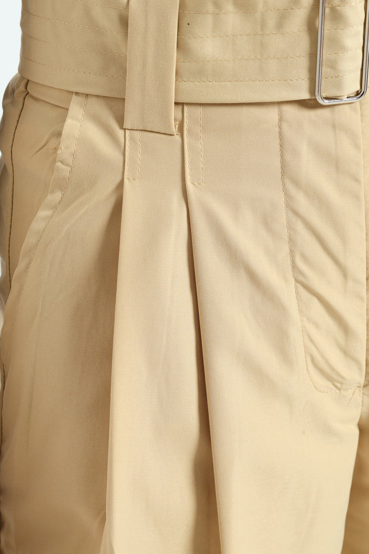 Belted Pleated Structured Bermuda Shorts - Khaki