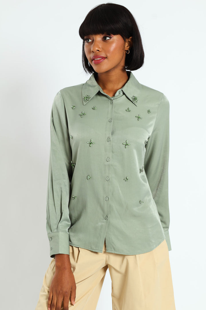 Tonal Jeweled Shirt - Olive