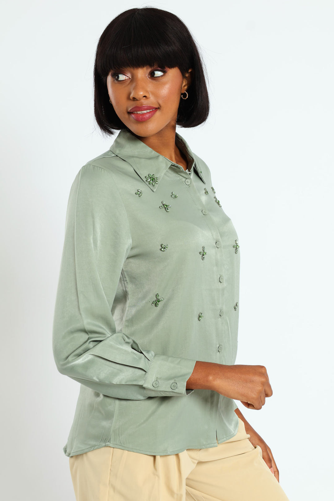 Tonal Jeweled Shirt - Olive