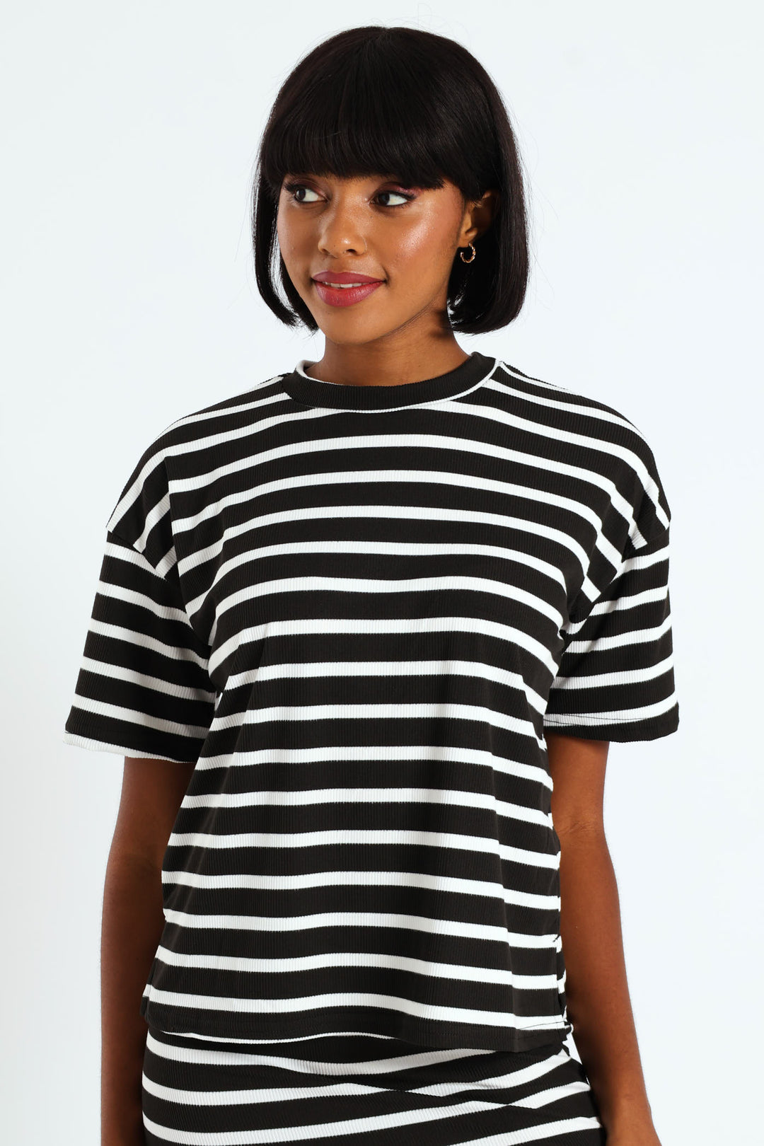 Oversized Striped Rib Boxy Tee - Black/Cream