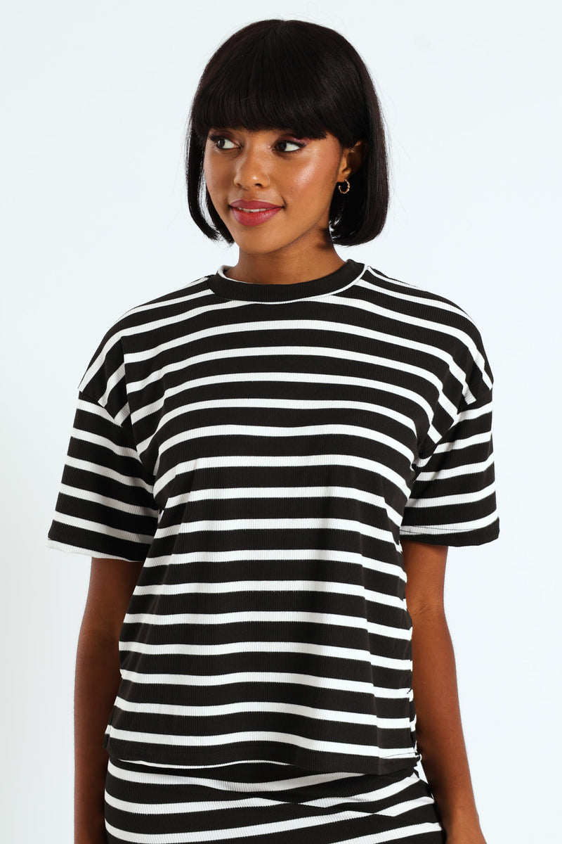 Oversized Striped Rib Boxy Tee - Black/Cream