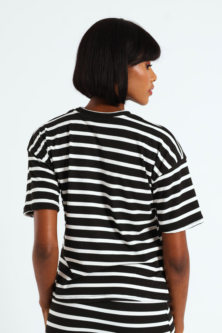 Oversized Striped Rib Boxy Tee - Black/Cream