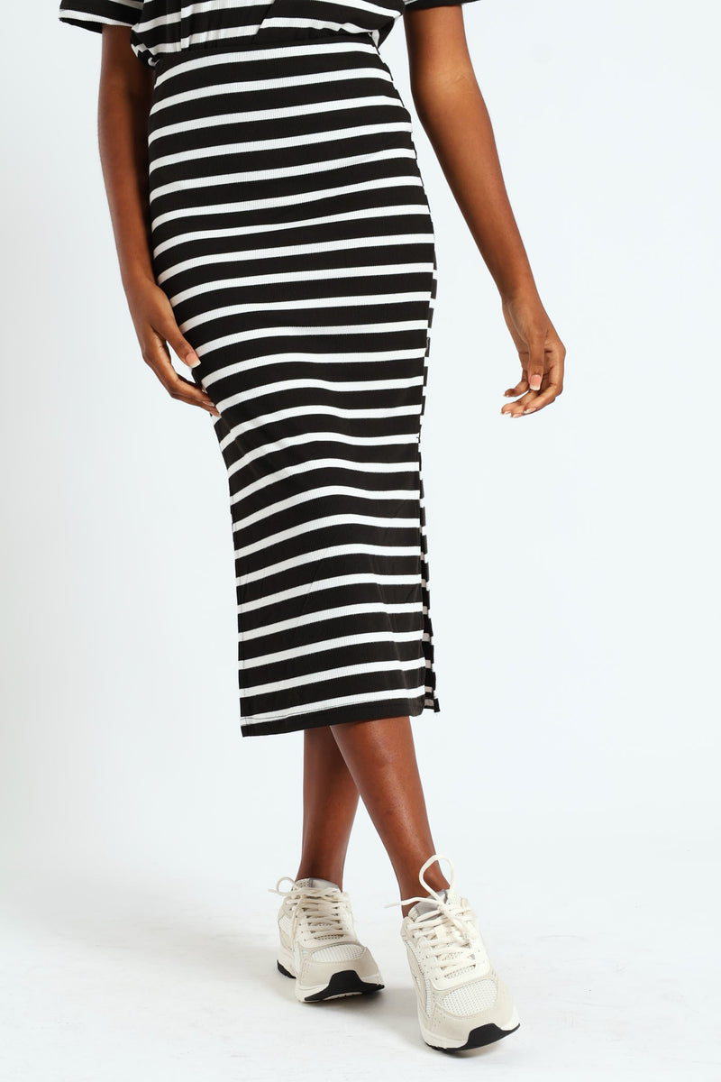 Pull On Ribbed Stripe Tube Midi Skirt - Black/Cream