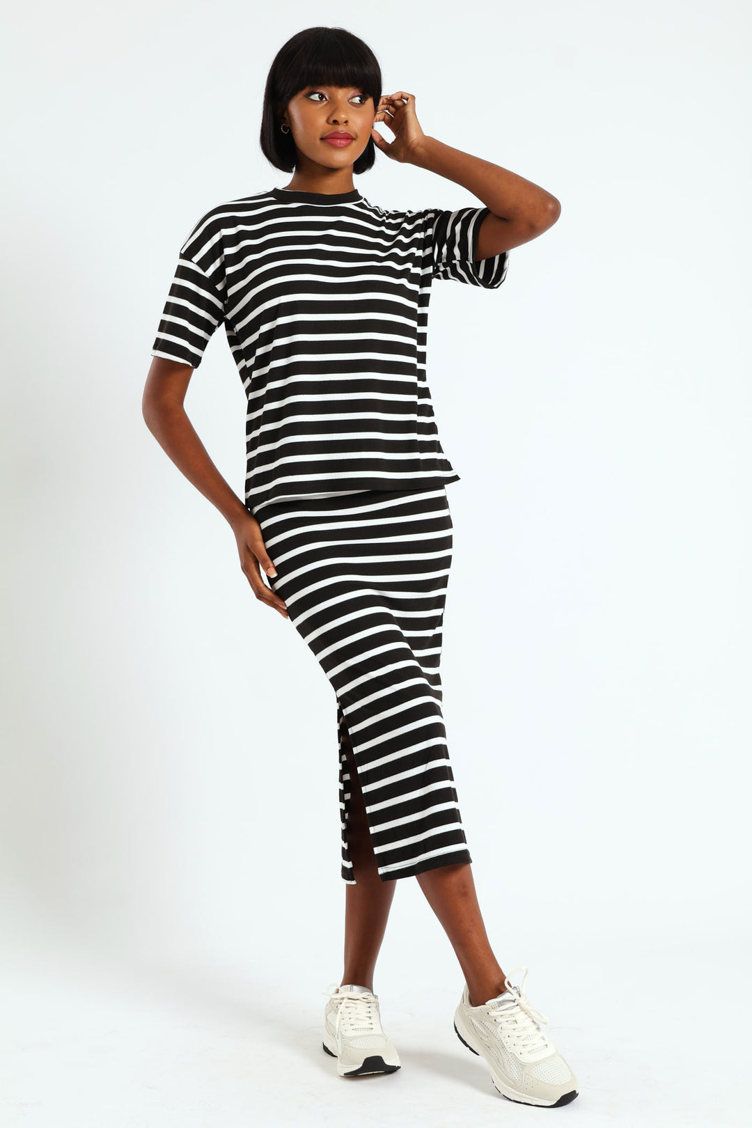 Pull On Ribbed Stripe Tube Midi Skirt - Black/Cream