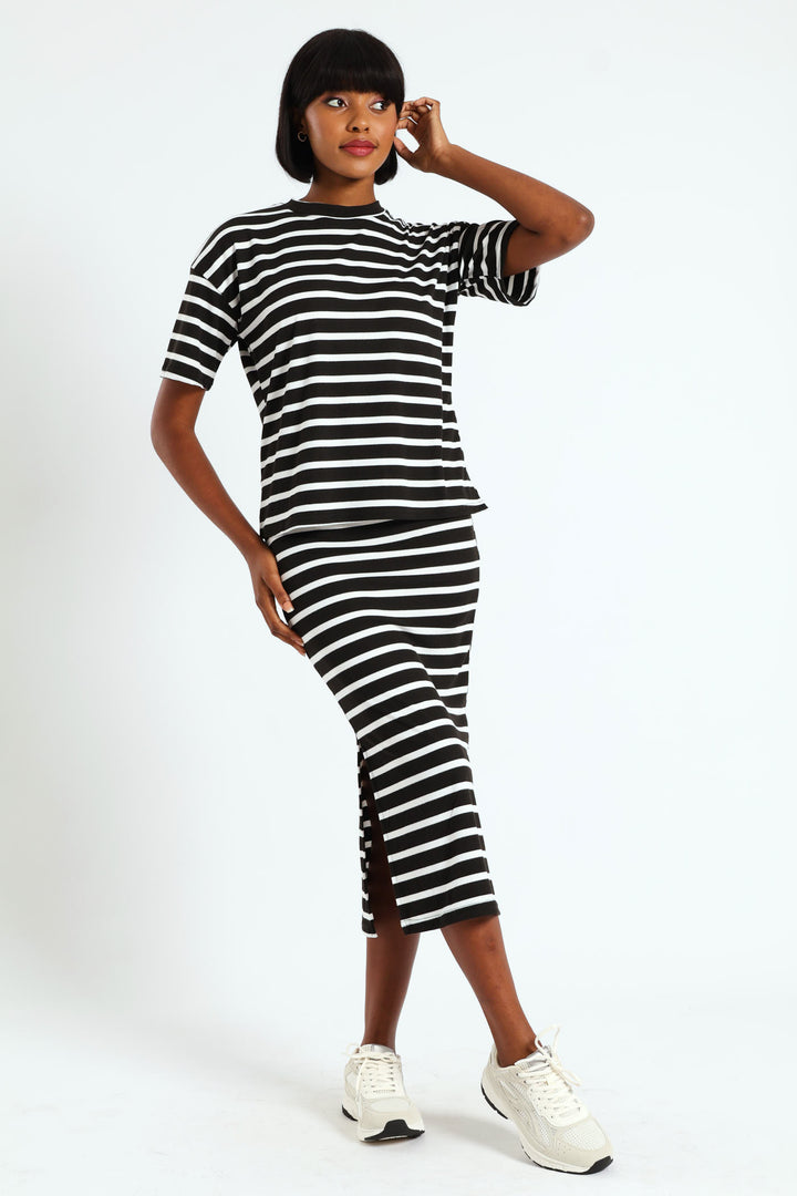 Pull On Ribbed Stripe Tube Midi Skirt - Black/Cream