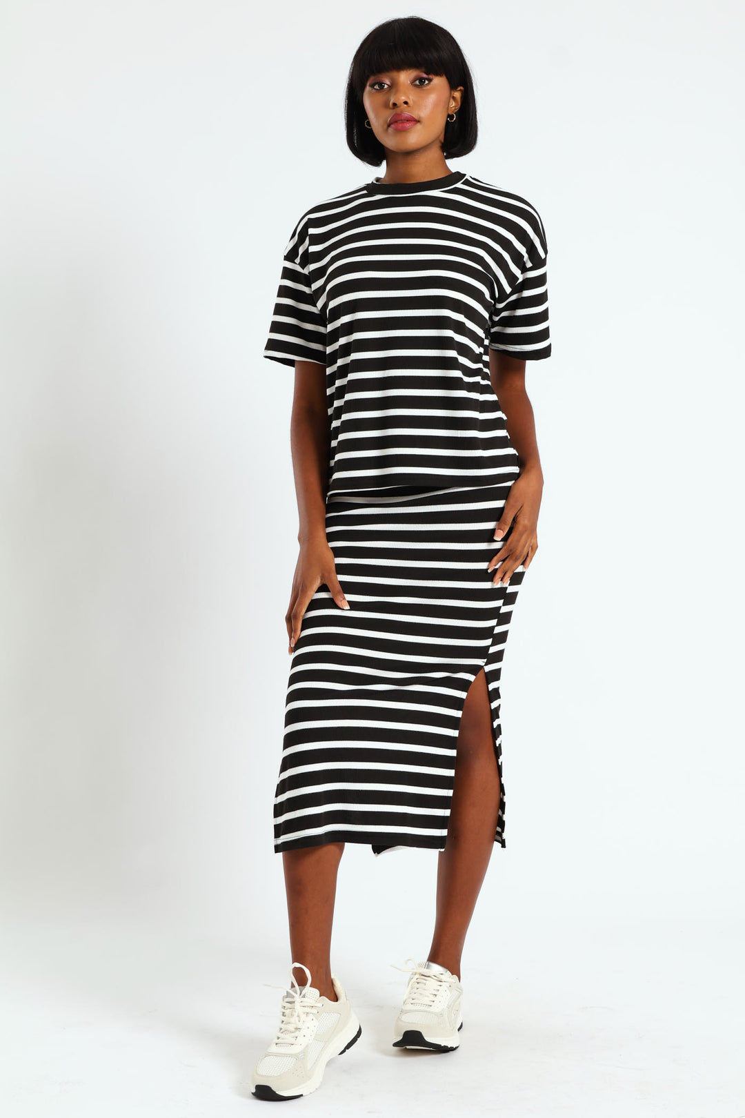 Pull On Ribbed Stripe Tube Midi Skirt - Black/Cream