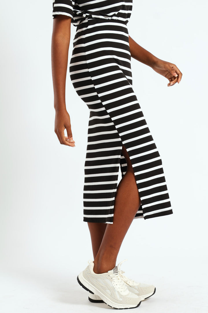 Pull On Ribbed Stripe Tube Midi Skirt - Black/Cream