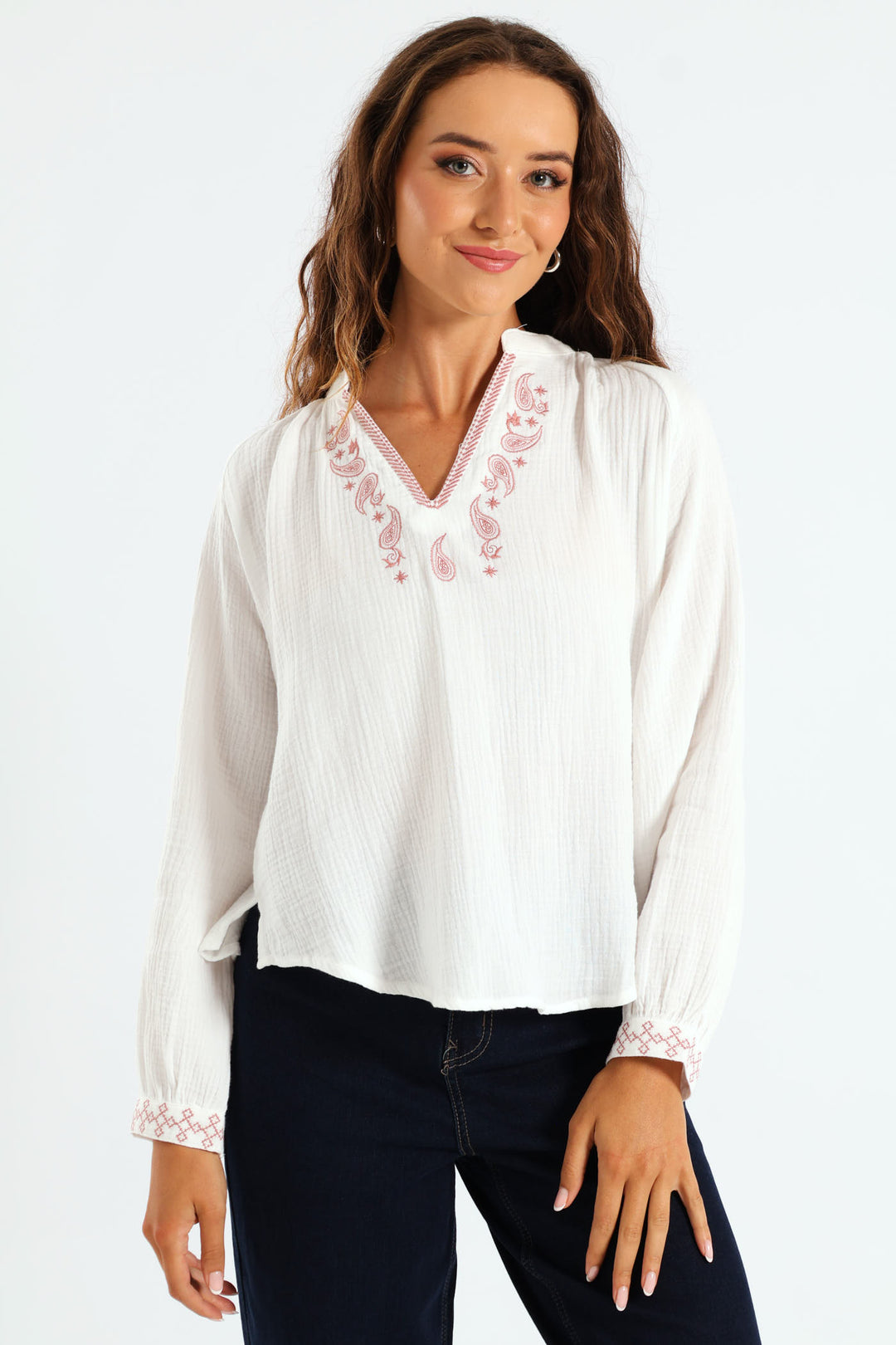 V-Neck Embroidered Peasant Blouse - Off White