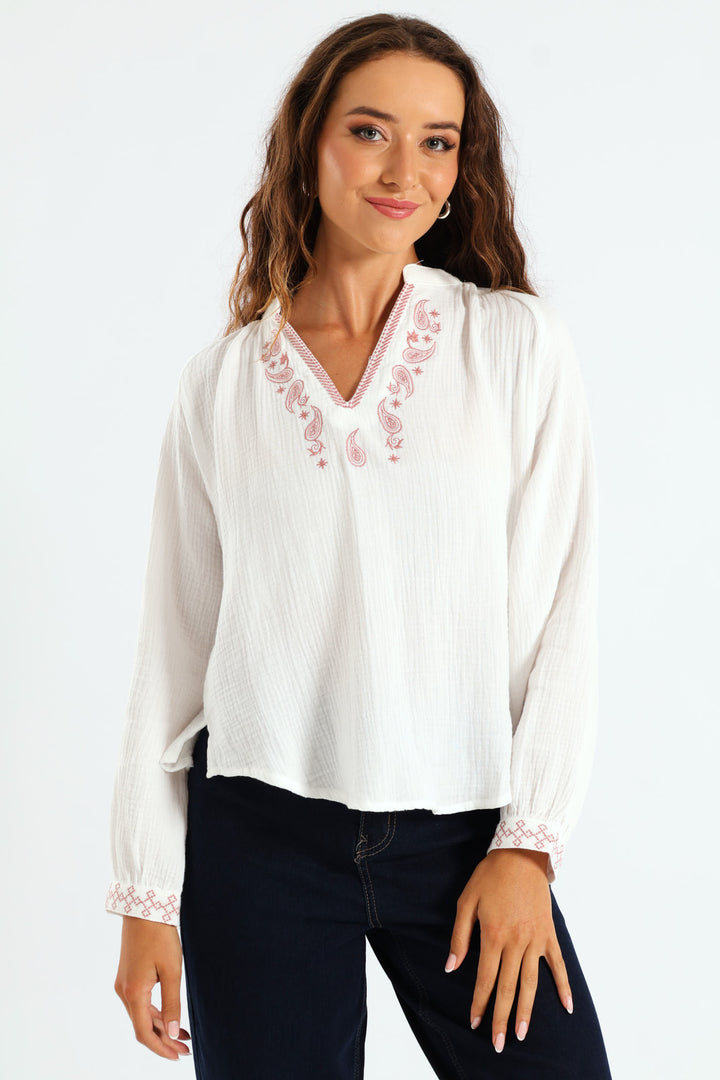 V-Neck Embroidered Peasant Blouse - Off White