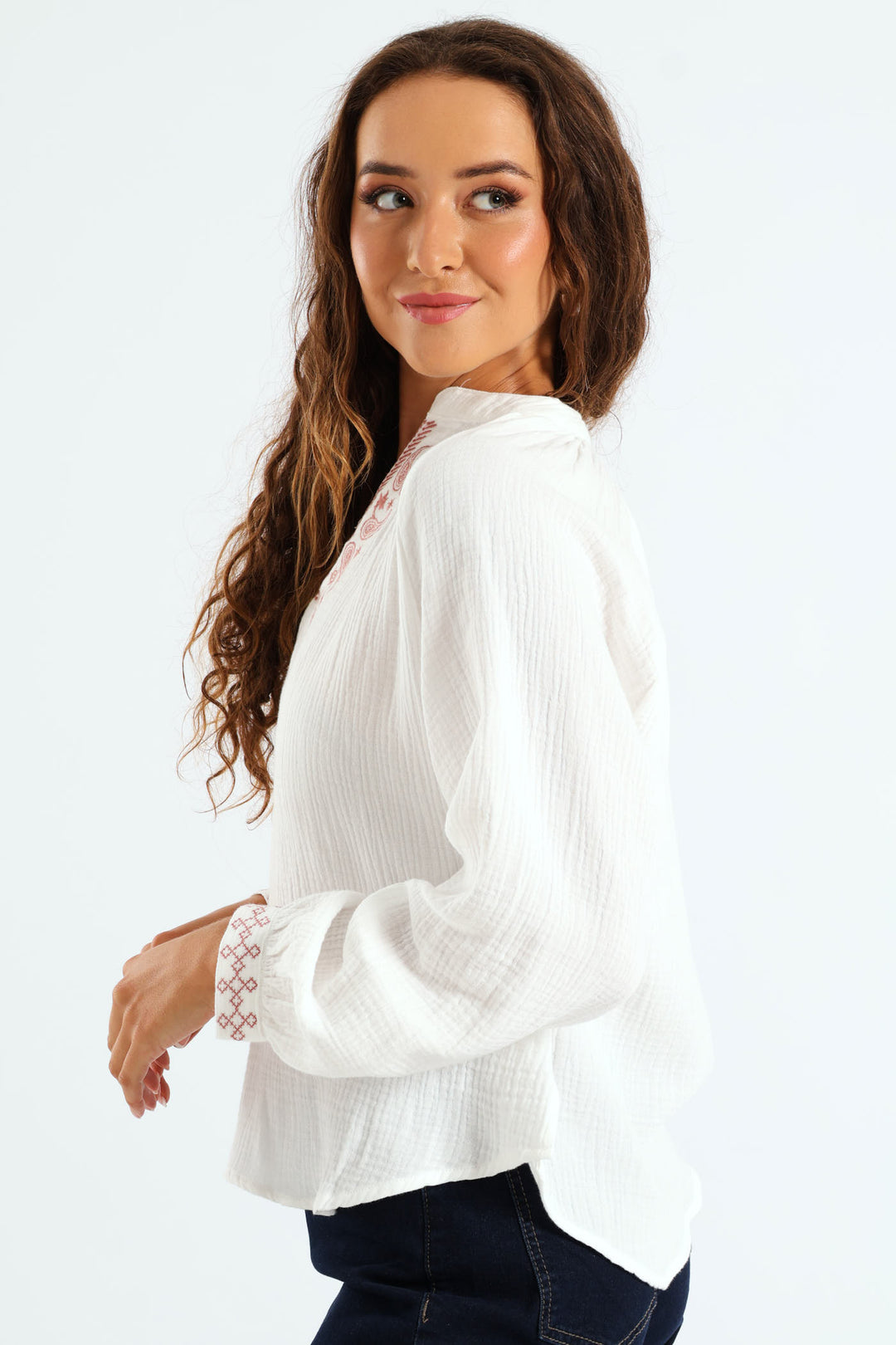 V-Neck Embroidered Peasant Blouse - Off White