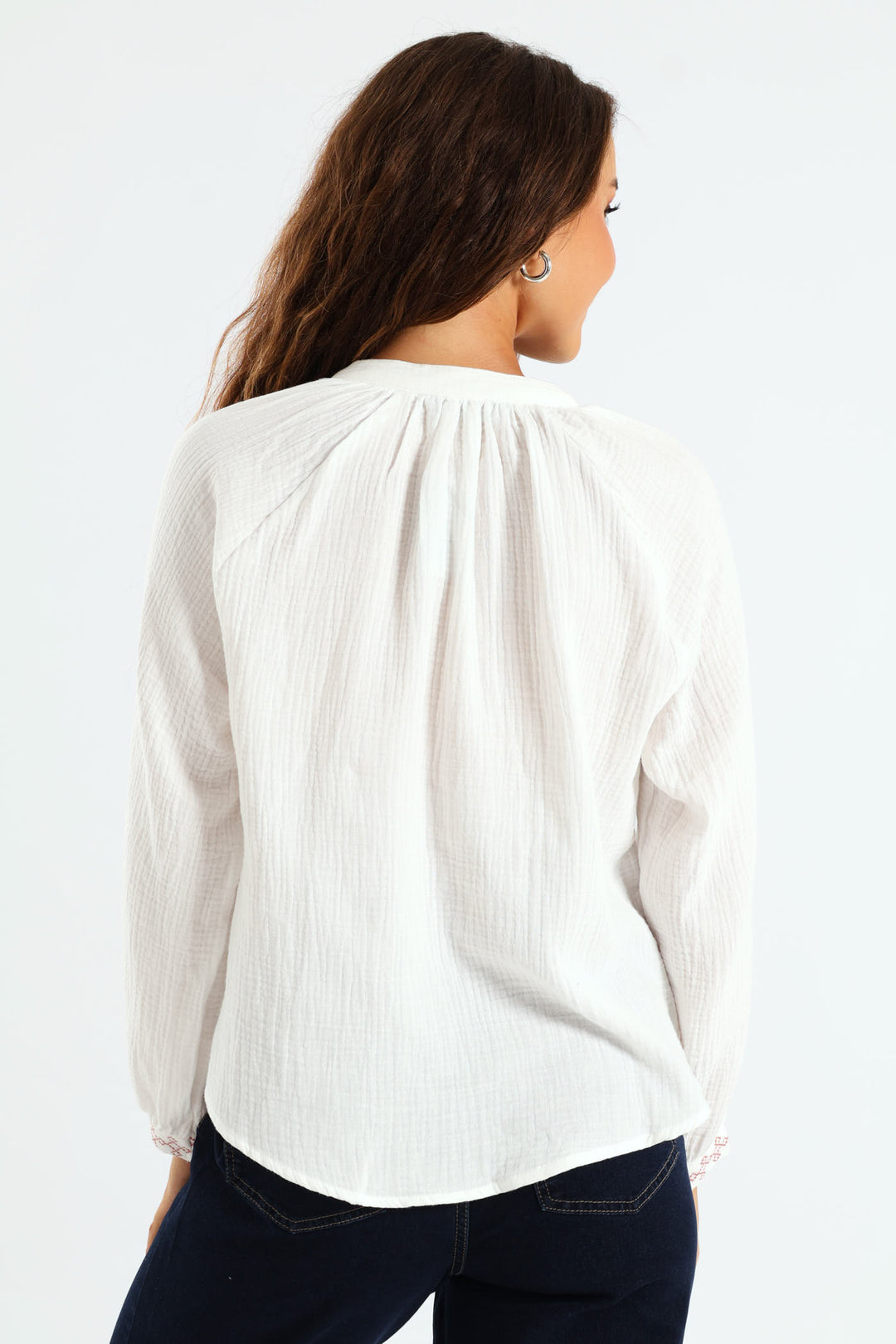 V-Neck Embroidered Peasant Blouse - Off White