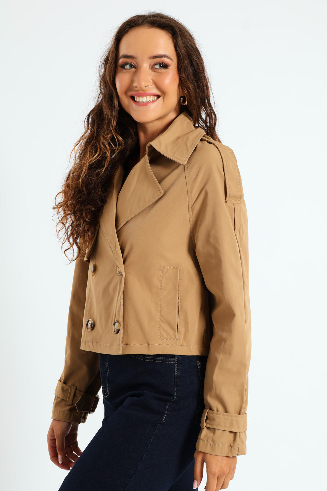 Long Sleeve Cropped Trench Jacket - Camel