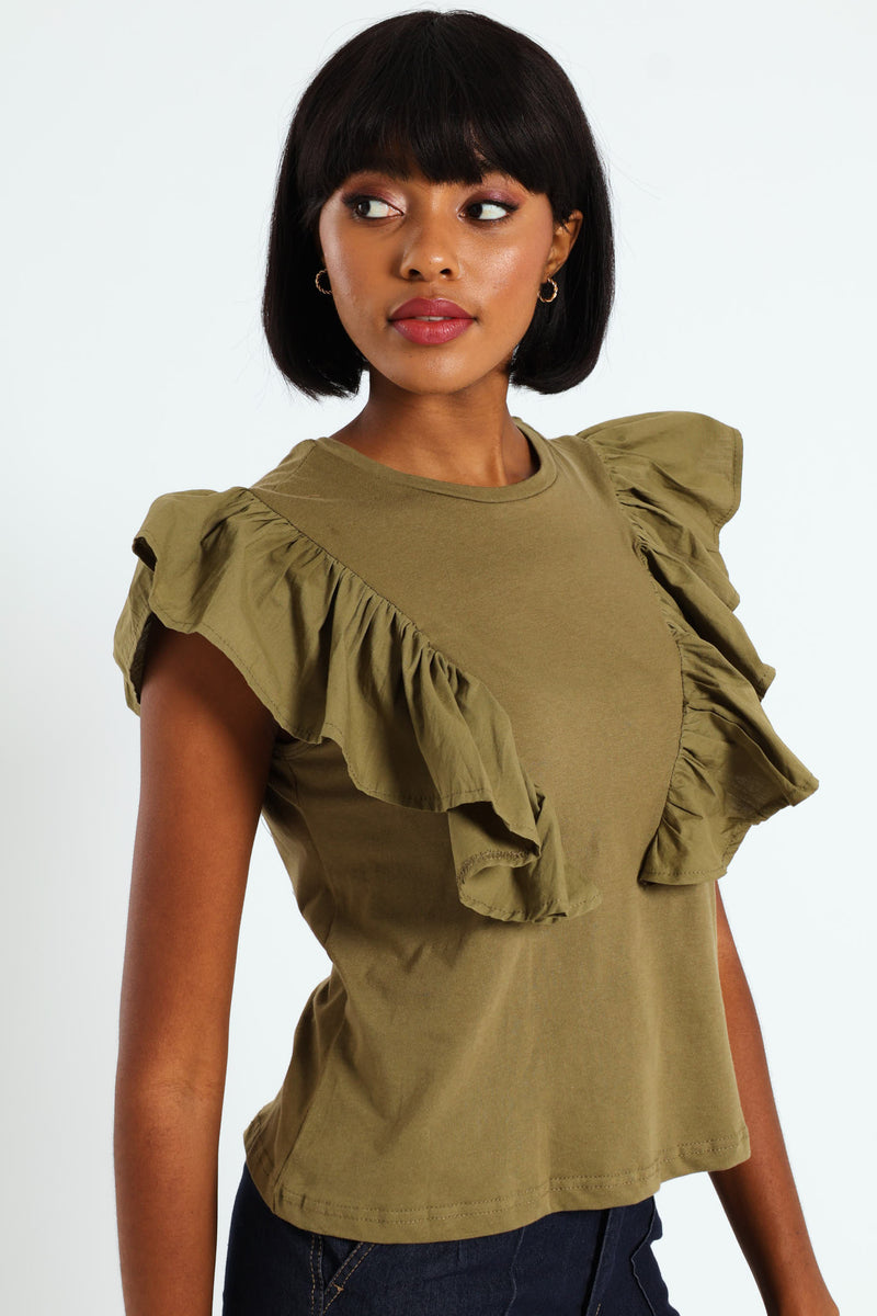 Frill Detail Boxy Combo Tee - Olive