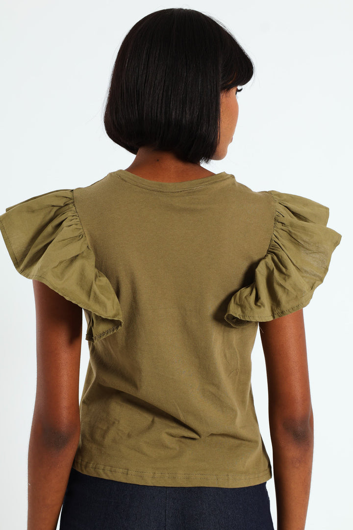 Frill Detail Boxy Combo Tee - Olive