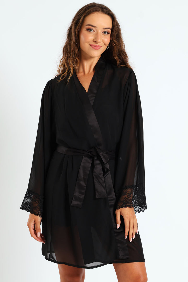 Lace Trim Chiffon Gown - Black