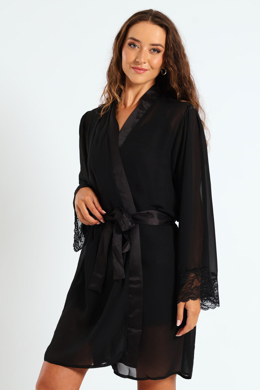 Lace Trim Chiffon Gown - Black