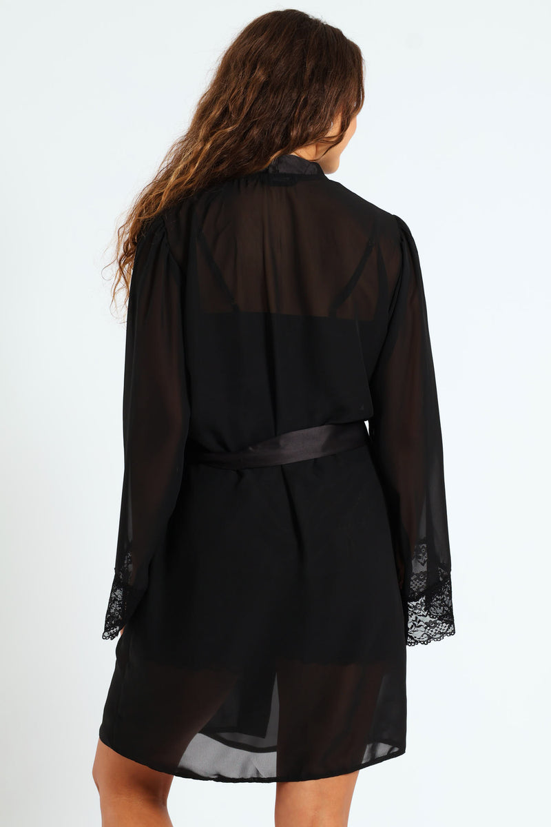 Lace Trim Chiffon Gown - Black