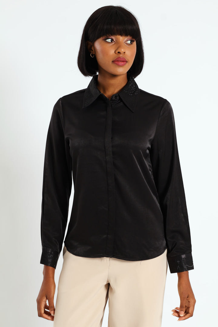 Blinged Satin Shirt - Black