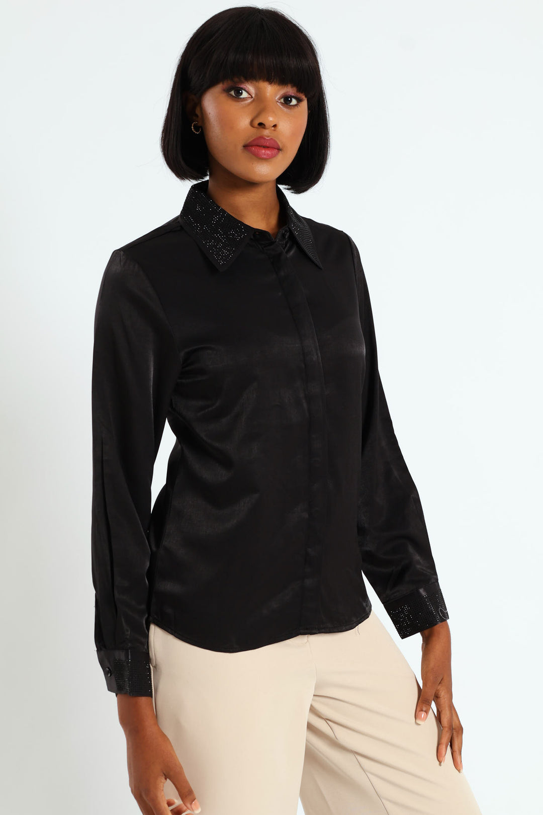 Blinged Satin Shirt - Black