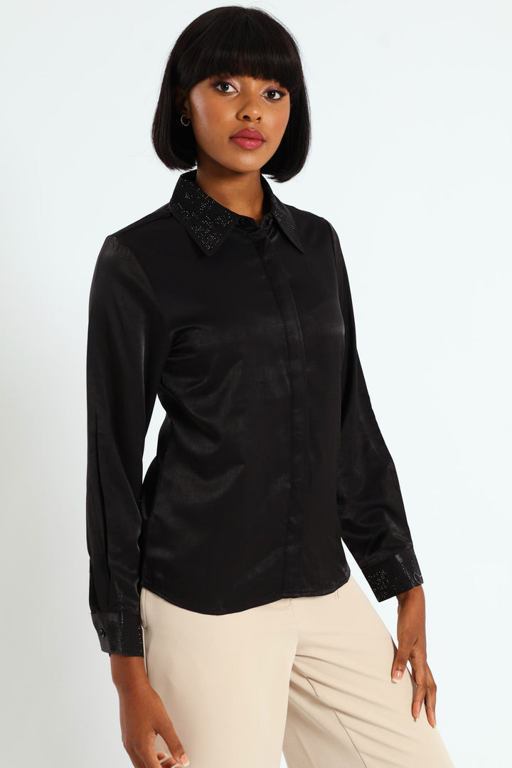 Blinged Satin Shirt - Black
