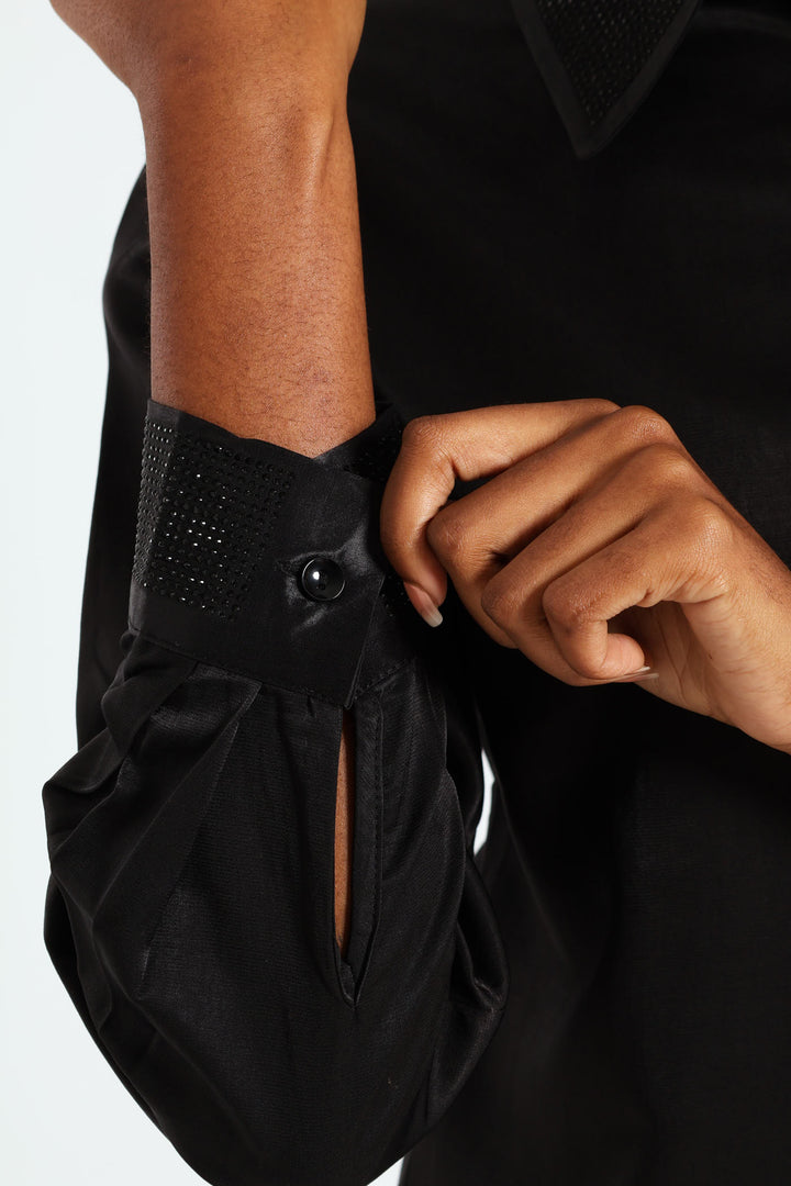 Blinged Satin Shirt - Black