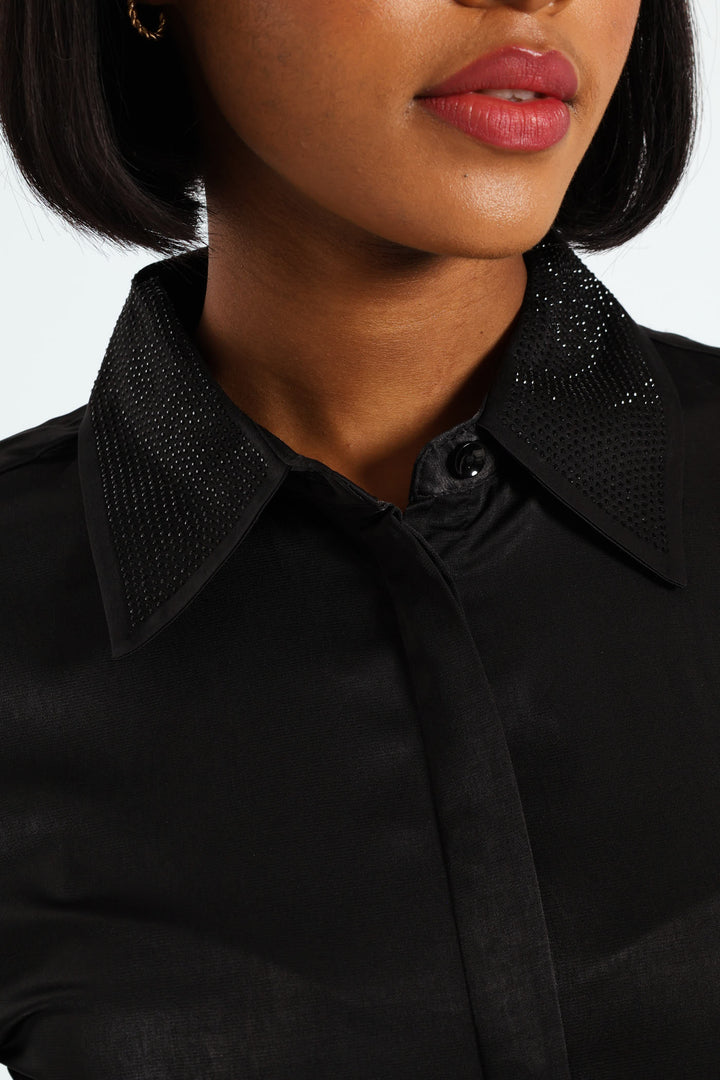 Blinged Satin Shirt - Black