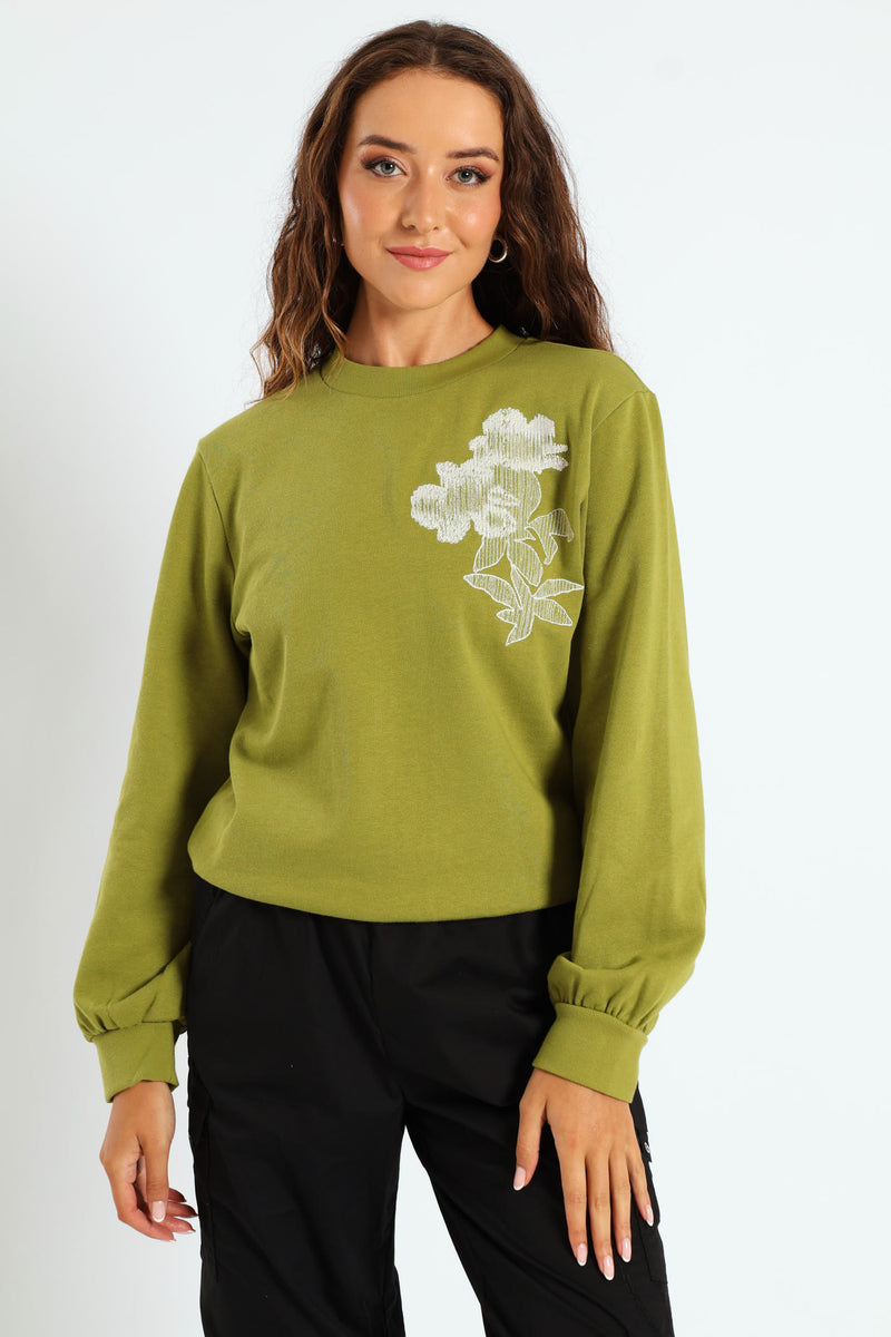 Digital Floral Emboidered Pullover - Avocado