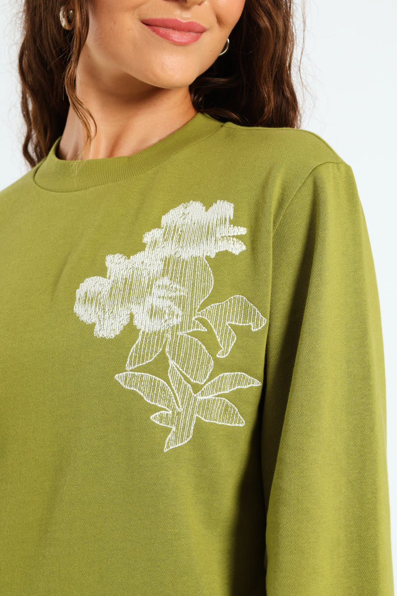 Digital Floral Emboidered Pullover - Avocado