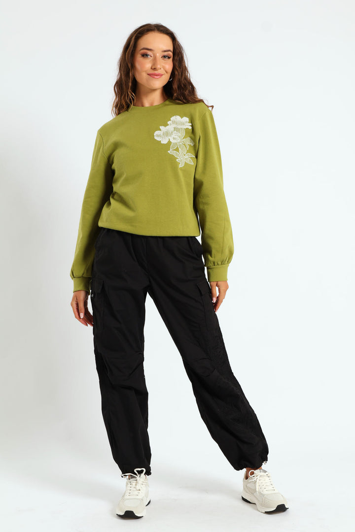 Embroidered Poplin Cargo Jogger - Black