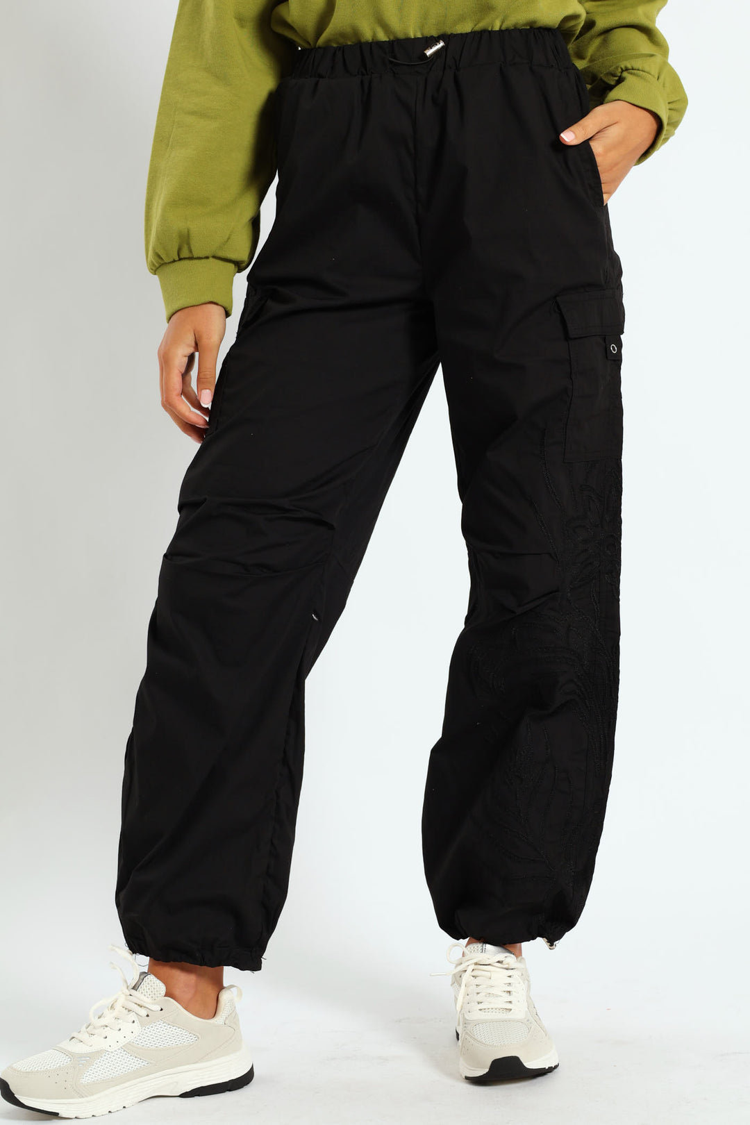 Embroidered Poplin Cargo Jogger - Black