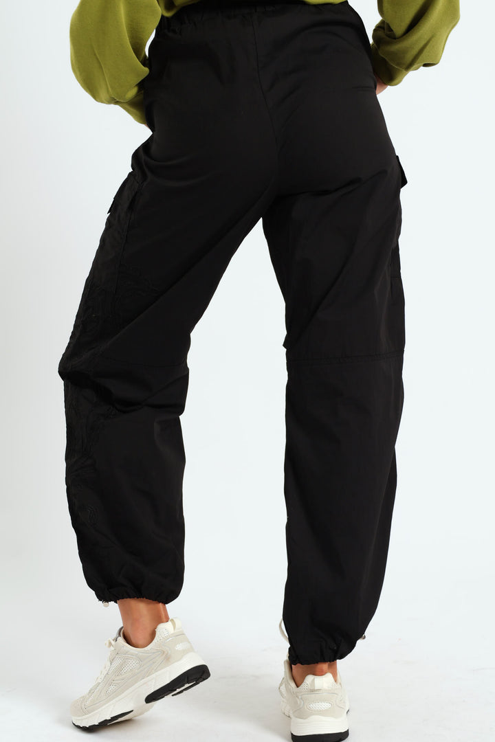 Embroidered Poplin Cargo Jogger - Black