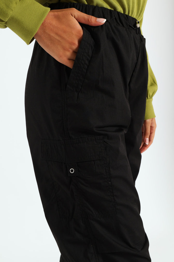 Embroidered Poplin Cargo Jogger - Black