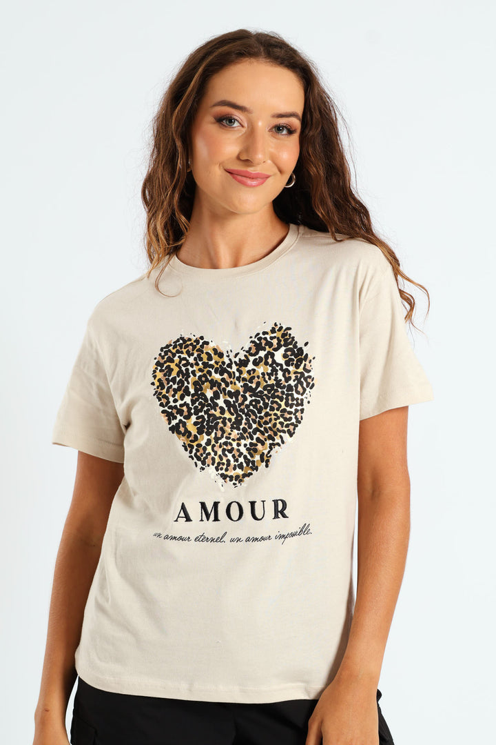 Embroidered Foil Amour Leopard Heart Tee - Light Stone
