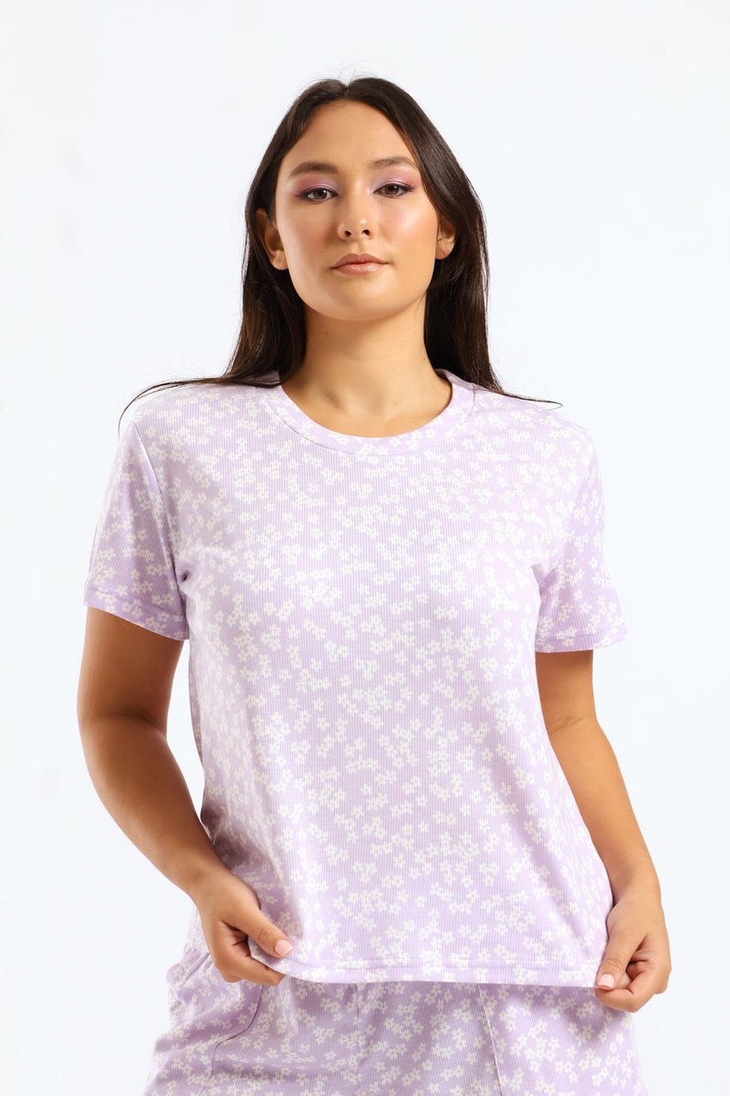 Daisies Rib Knit Tee - Lilac