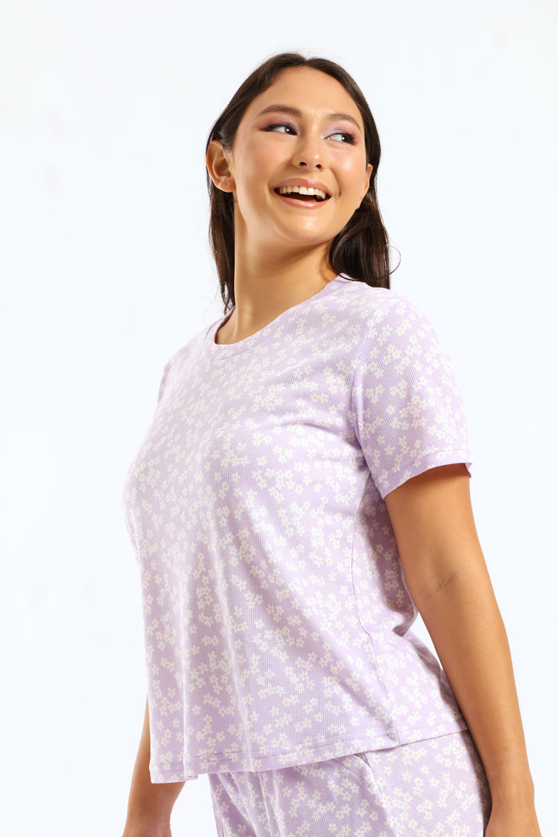 Daisies Rib Knit Tee - Lilac