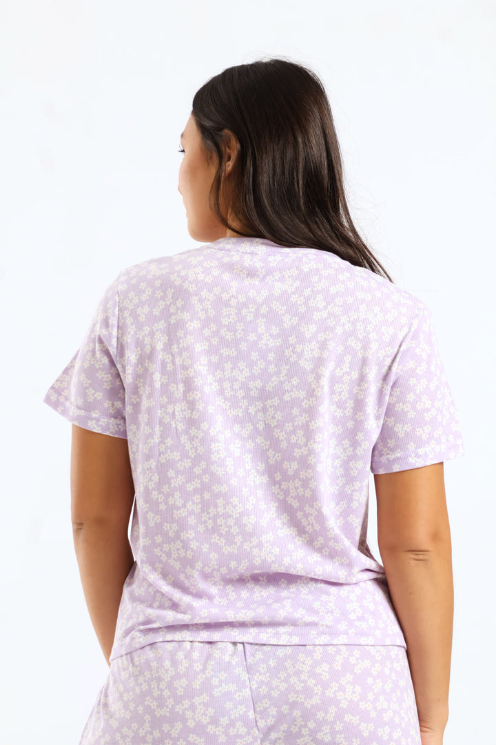 Daisies Rib Knit Tee - Lilac