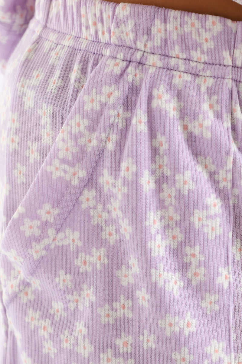 Daisies Rib Knit Sleep Shorts - Lilac