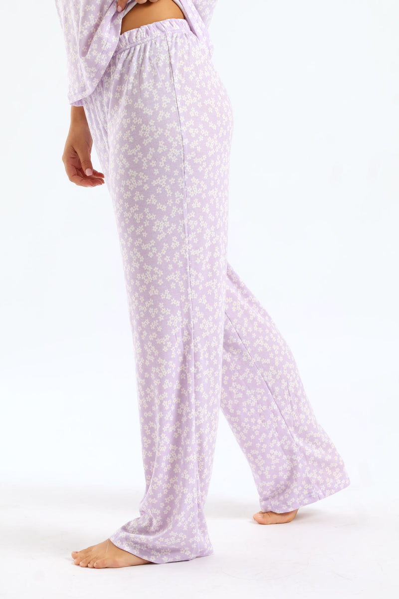 Daisies Rib Knit Straight Leg Sleep Pant - Lilac