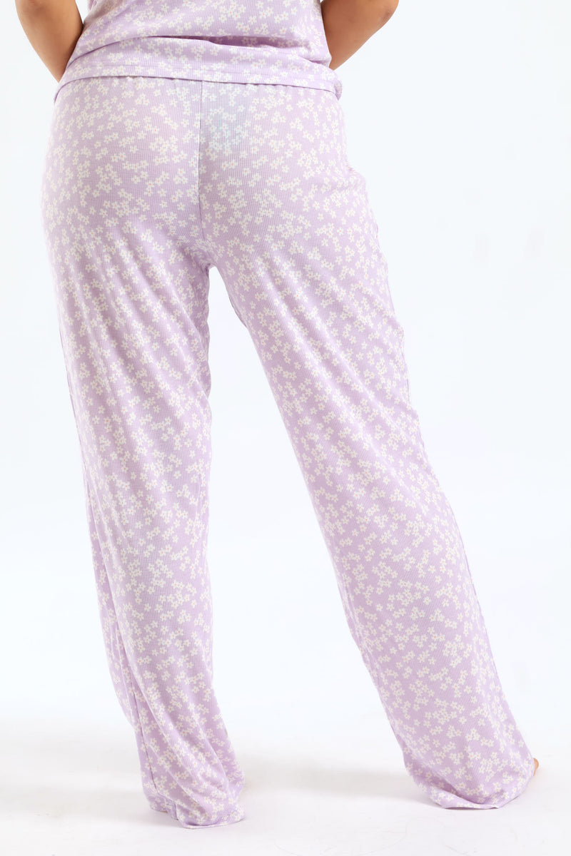 Daisies Rib Knit Straight Leg Sleep Pant - Lilac