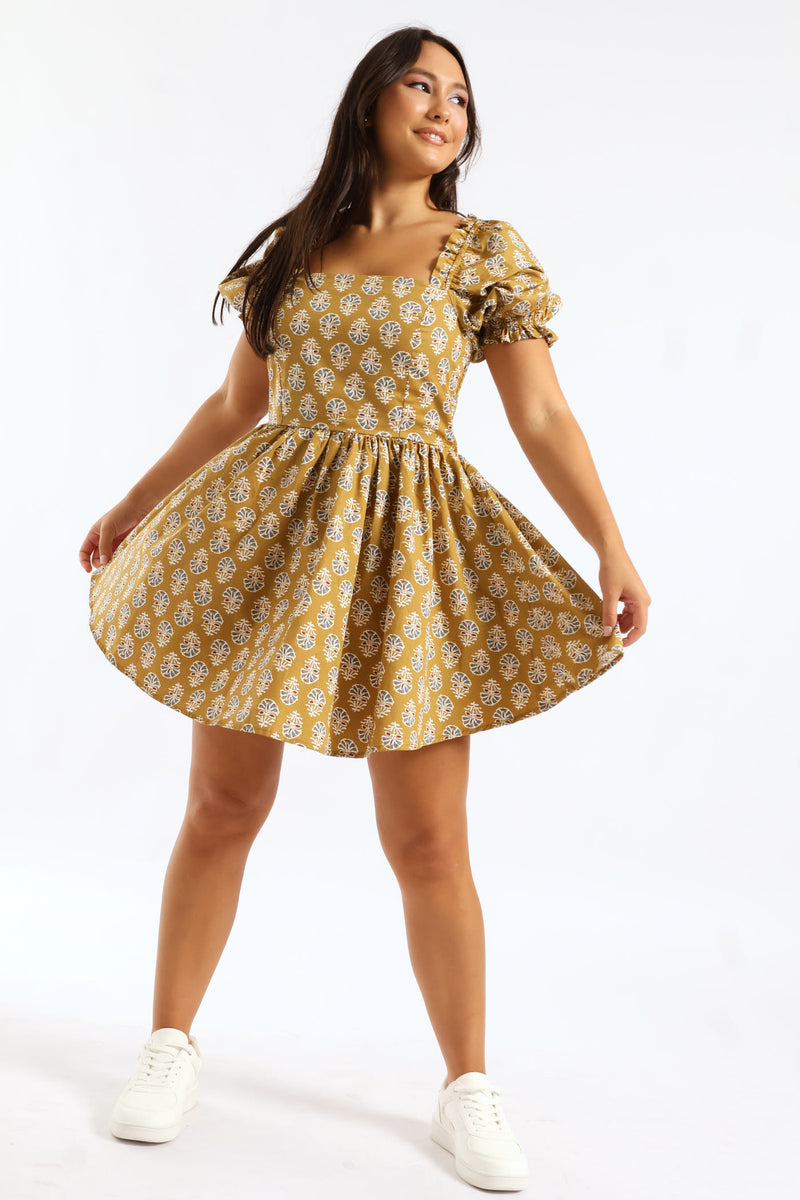 Oriental Printed Puff Sleeve Mini Dress - Tumeric