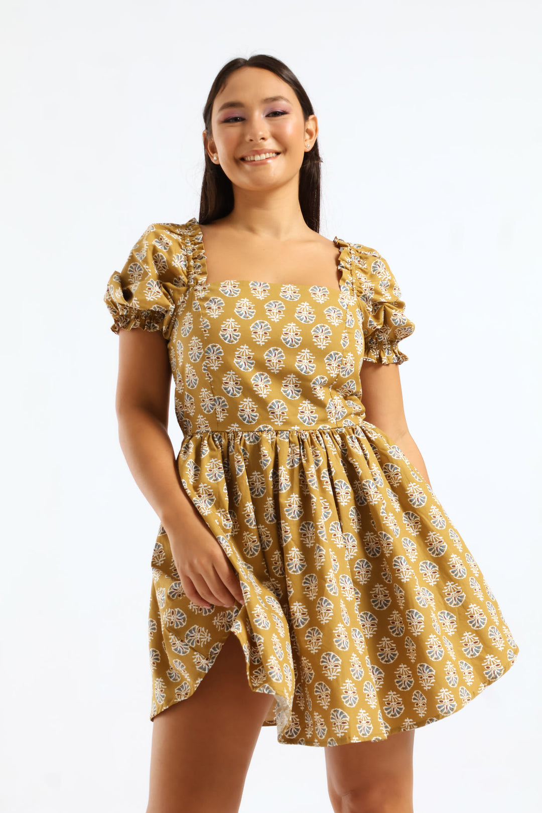 Oriental Printed Puff Sleeve Mini Dress - Tumeric