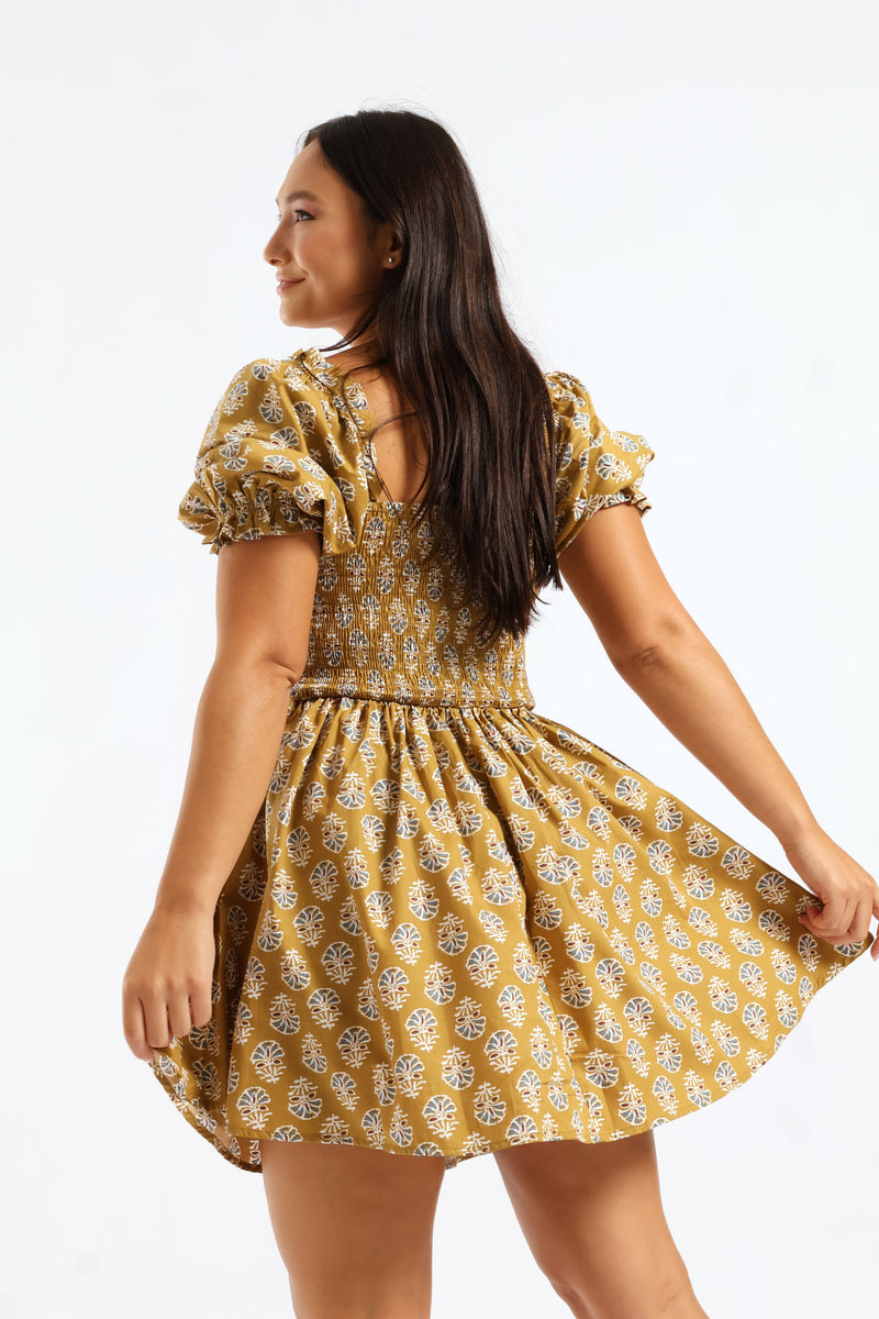 Oriental Printed Puff Sleeve Mini Dress - Tumeric